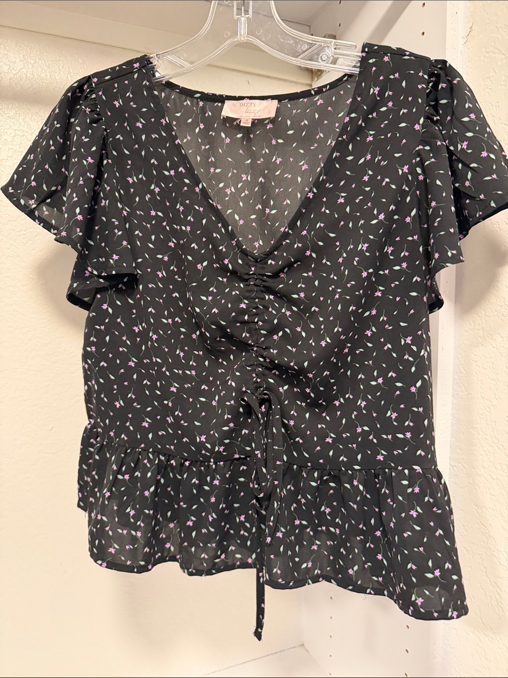 Floral Drawstring Ruffle Hem Women’s Top - Black with Lavender Print
